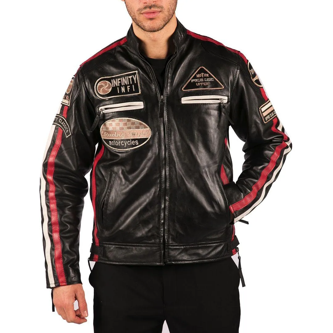 Mens Classic Retro Biker Racer Real Leather Jacket Black Zipped Casual Badge