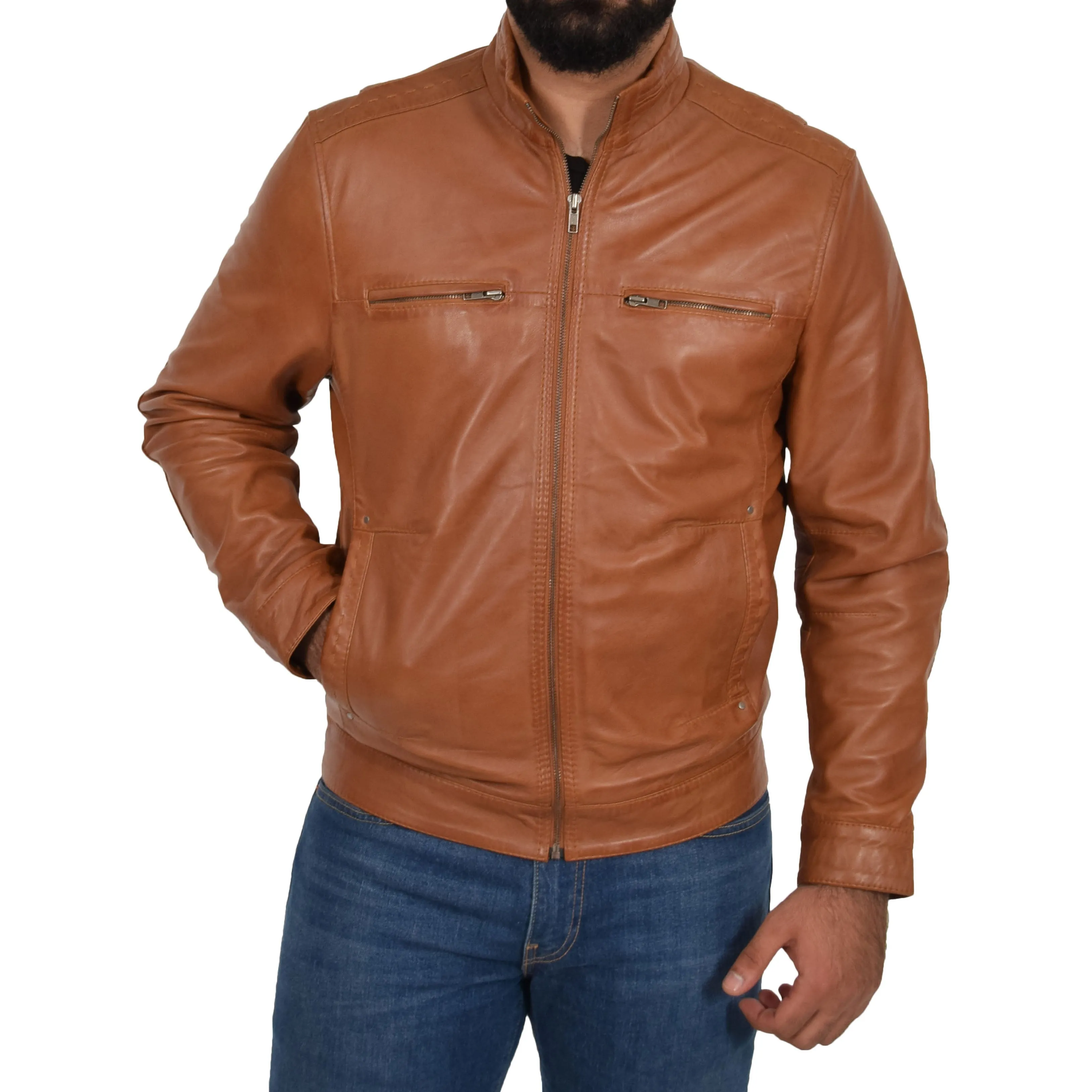 Mens Genuine Leather Biker Jacket Fitted Felix Tan