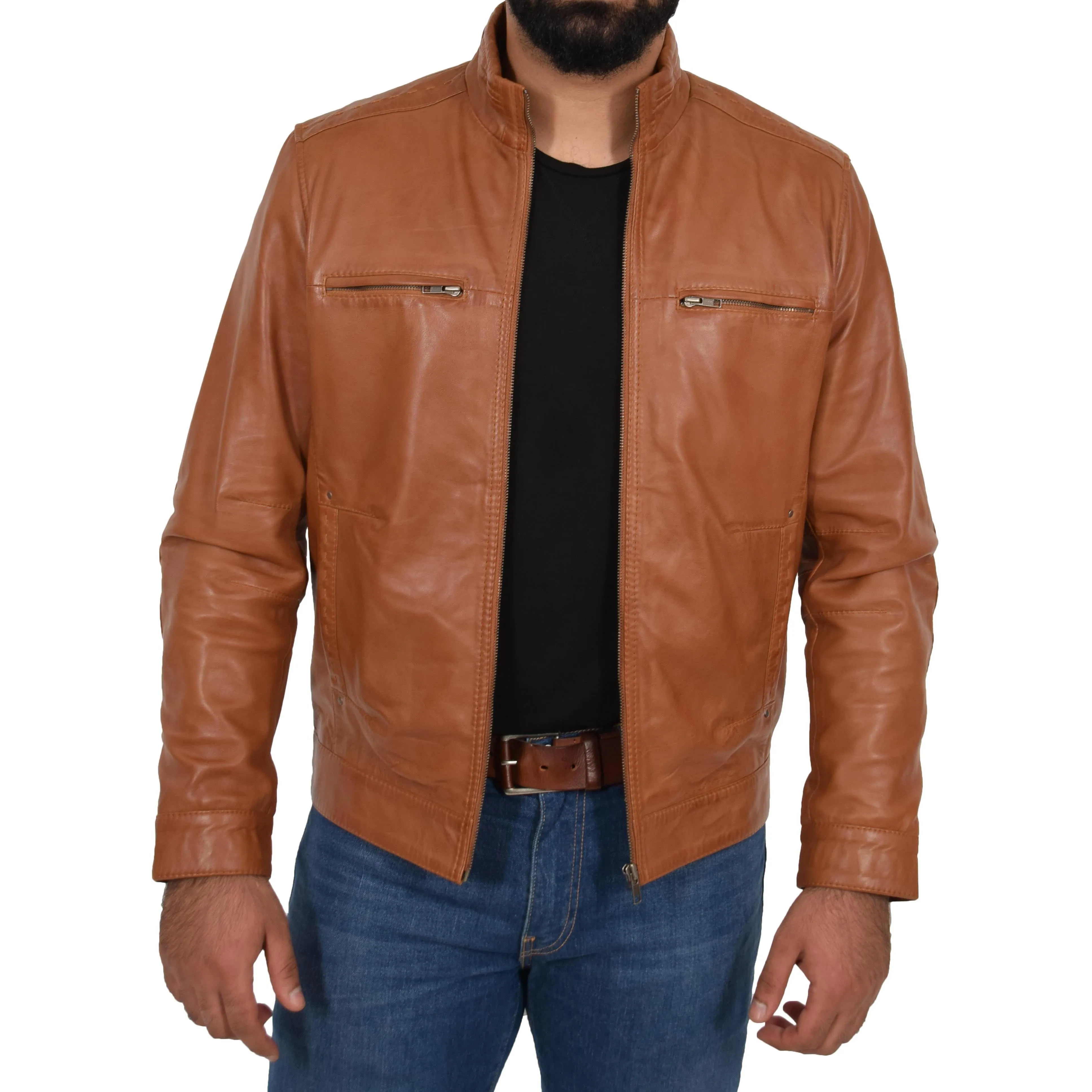 Mens Genuine Leather Biker Jacket Fitted Felix Tan