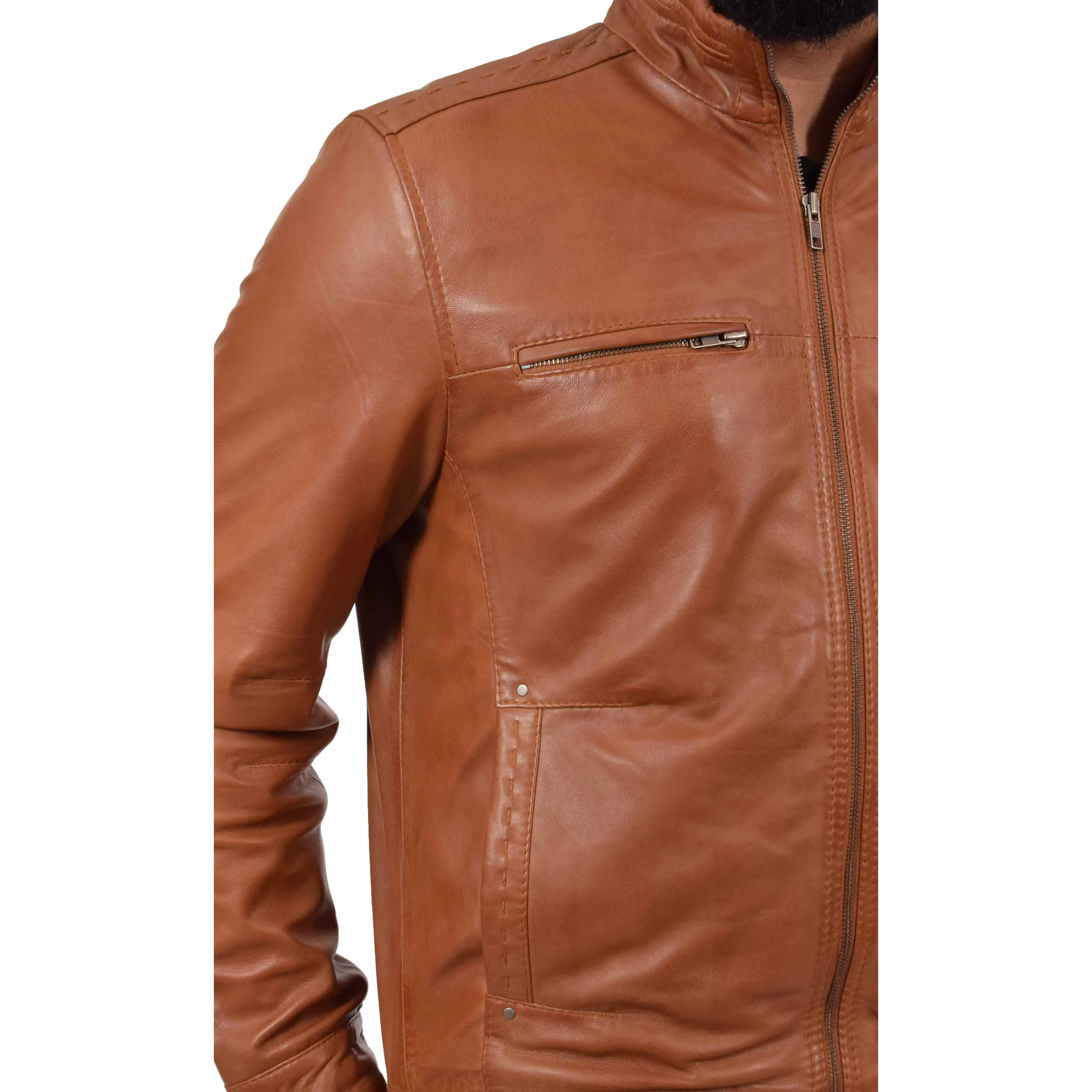 Mens Genuine Leather Biker Jacket Fitted Felix Tan