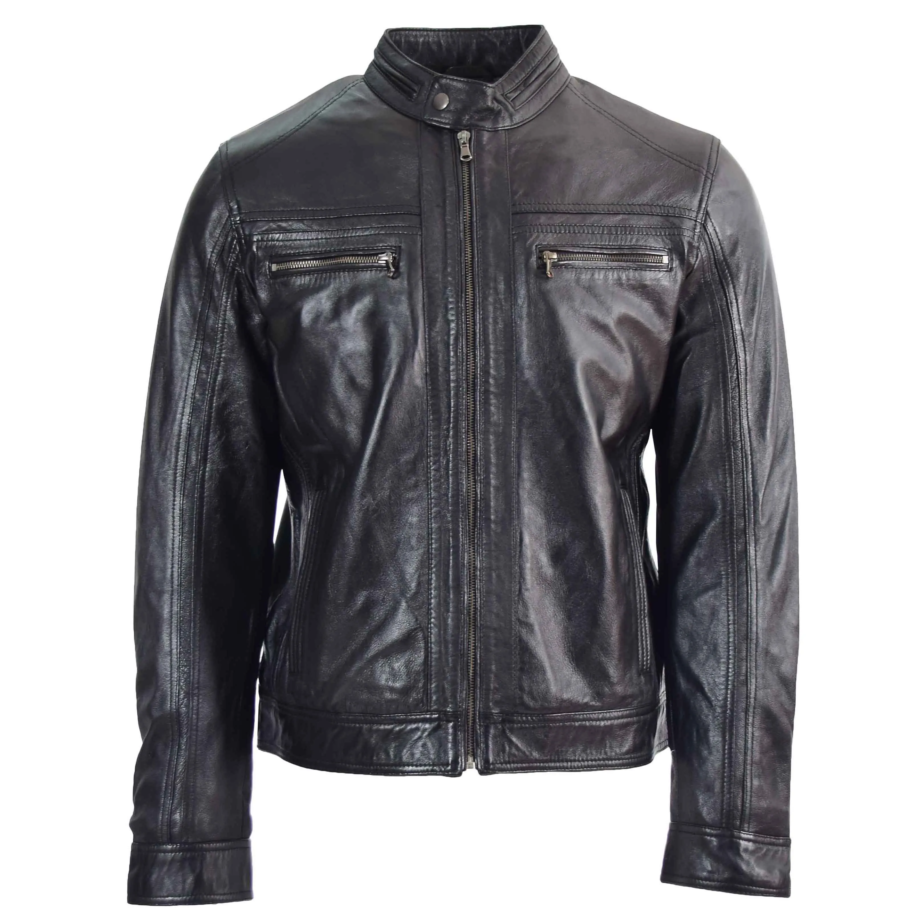 Mens Leather Biker Jacket Vintage Band Collar Fitted CALVIN Black