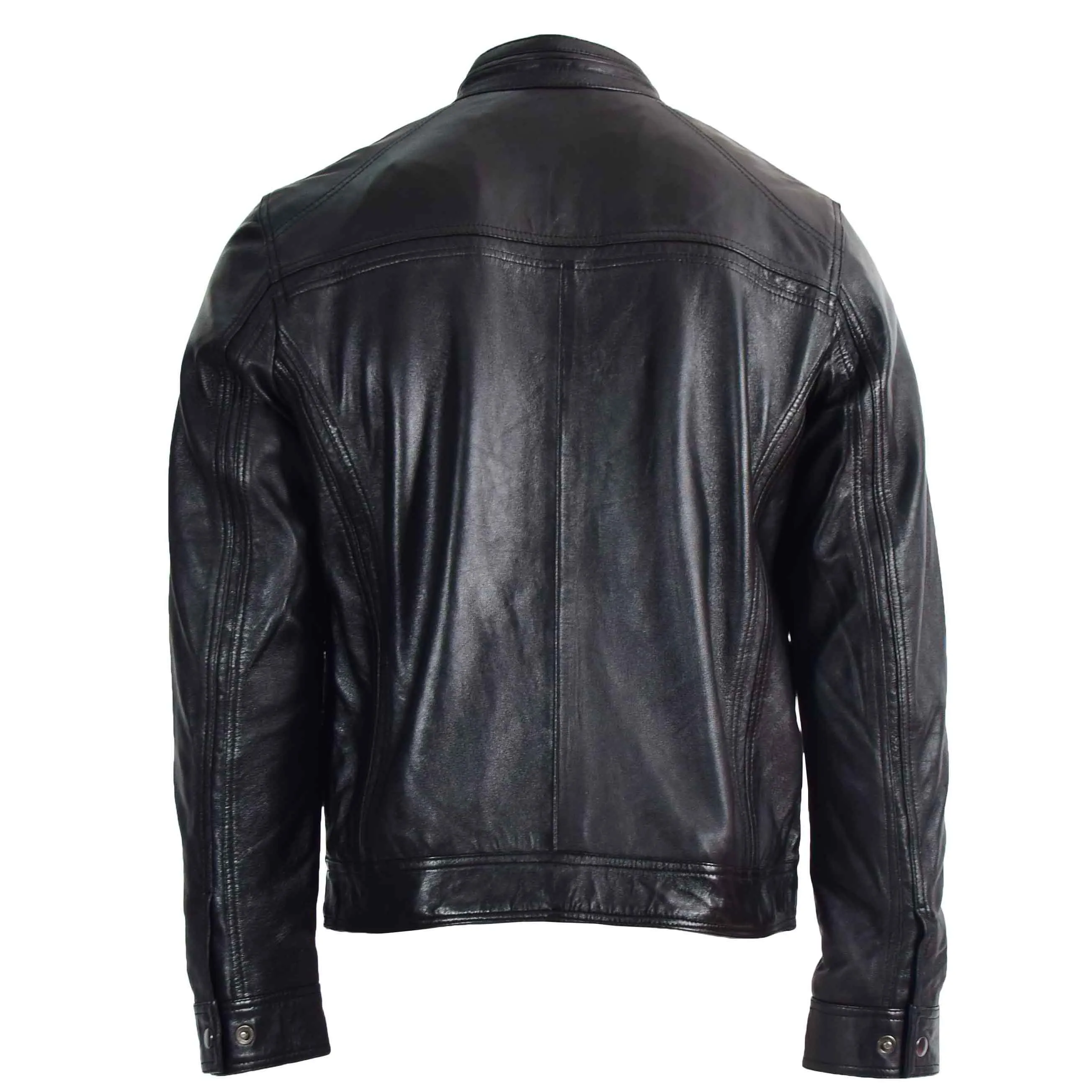 Mens Leather Biker Jacket Vintage Band Collar Fitted CALVIN Black