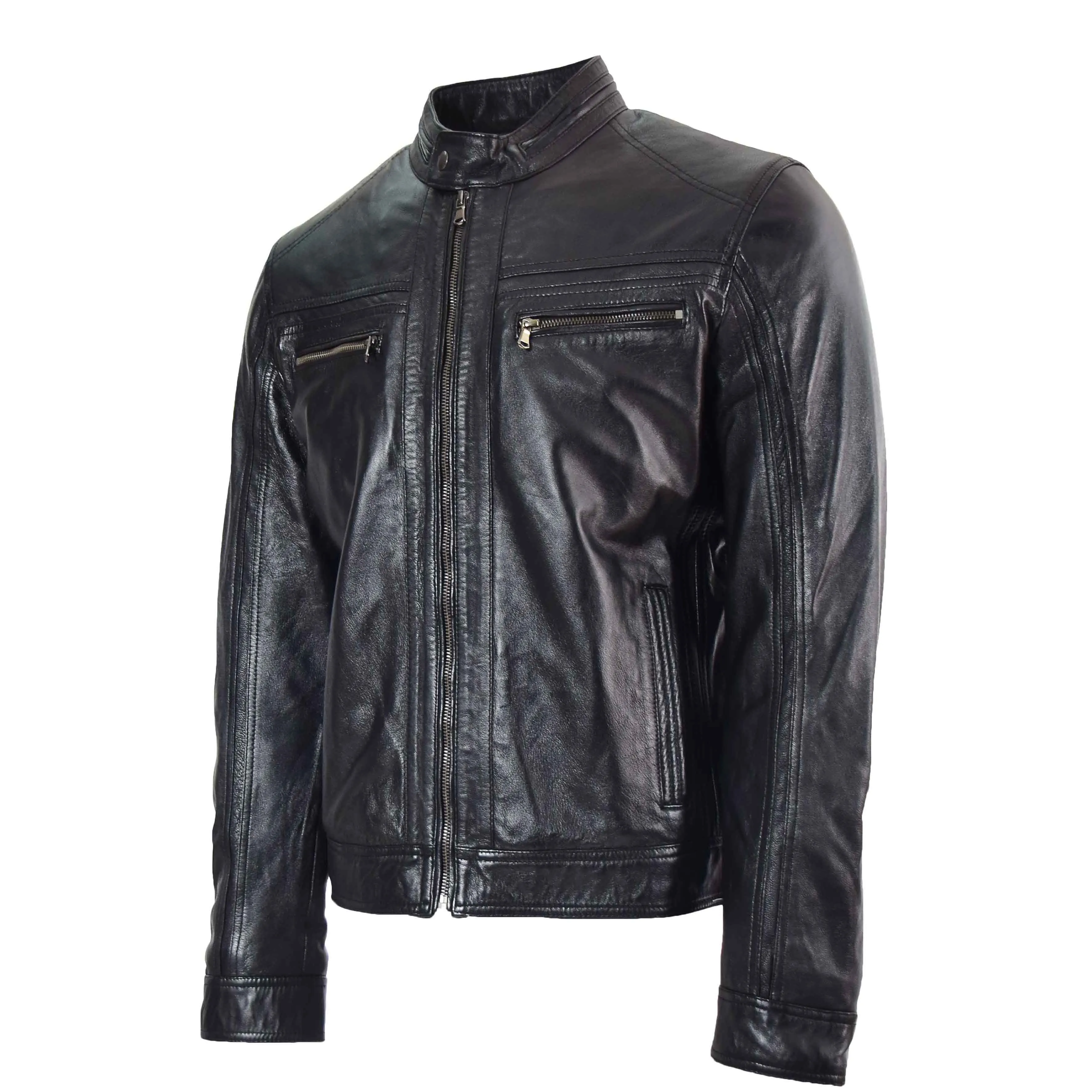 Mens Leather Biker Jacket Vintage Band Collar Fitted CALVIN Black