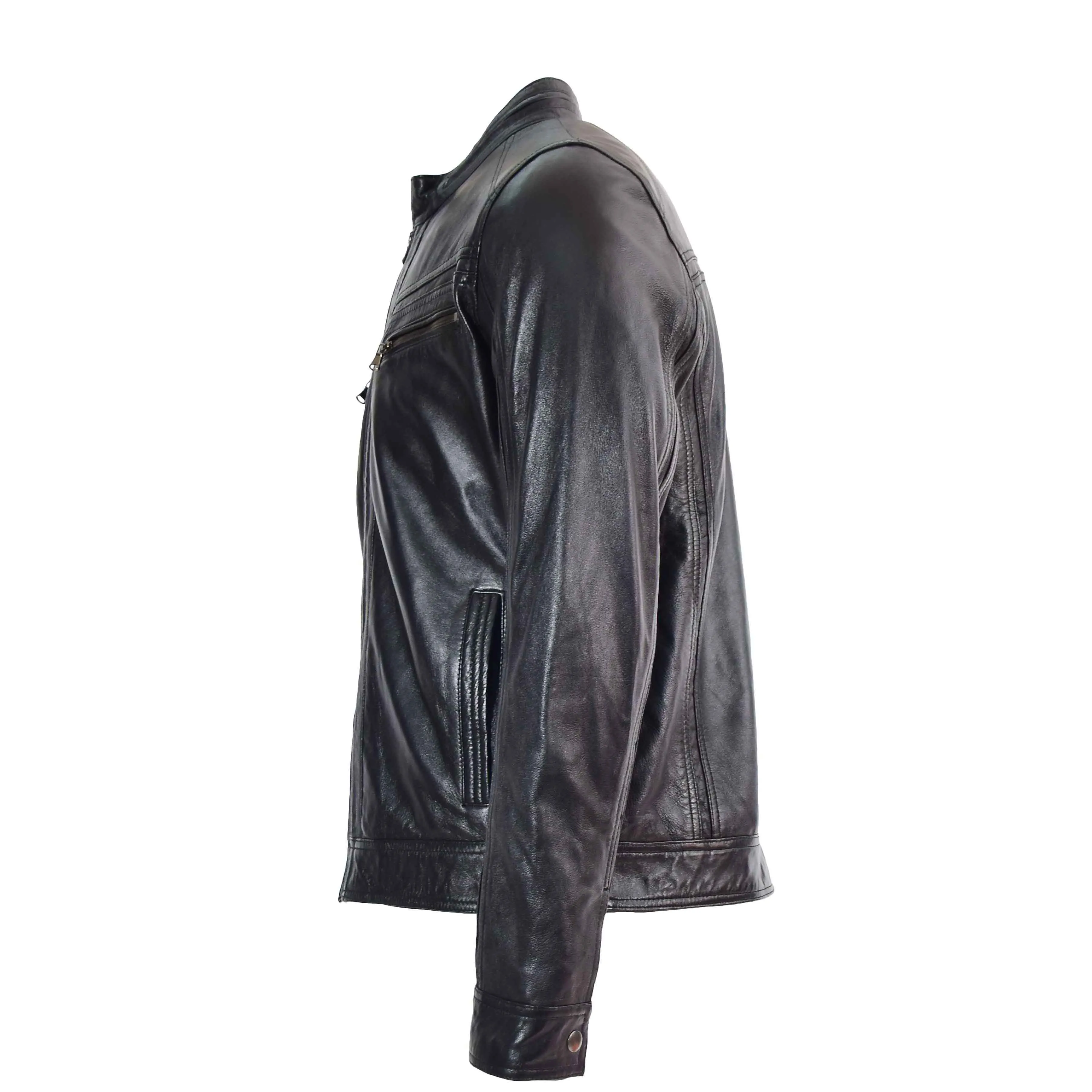 Mens Leather Biker Jacket Vintage Band Collar Fitted CALVIN Black