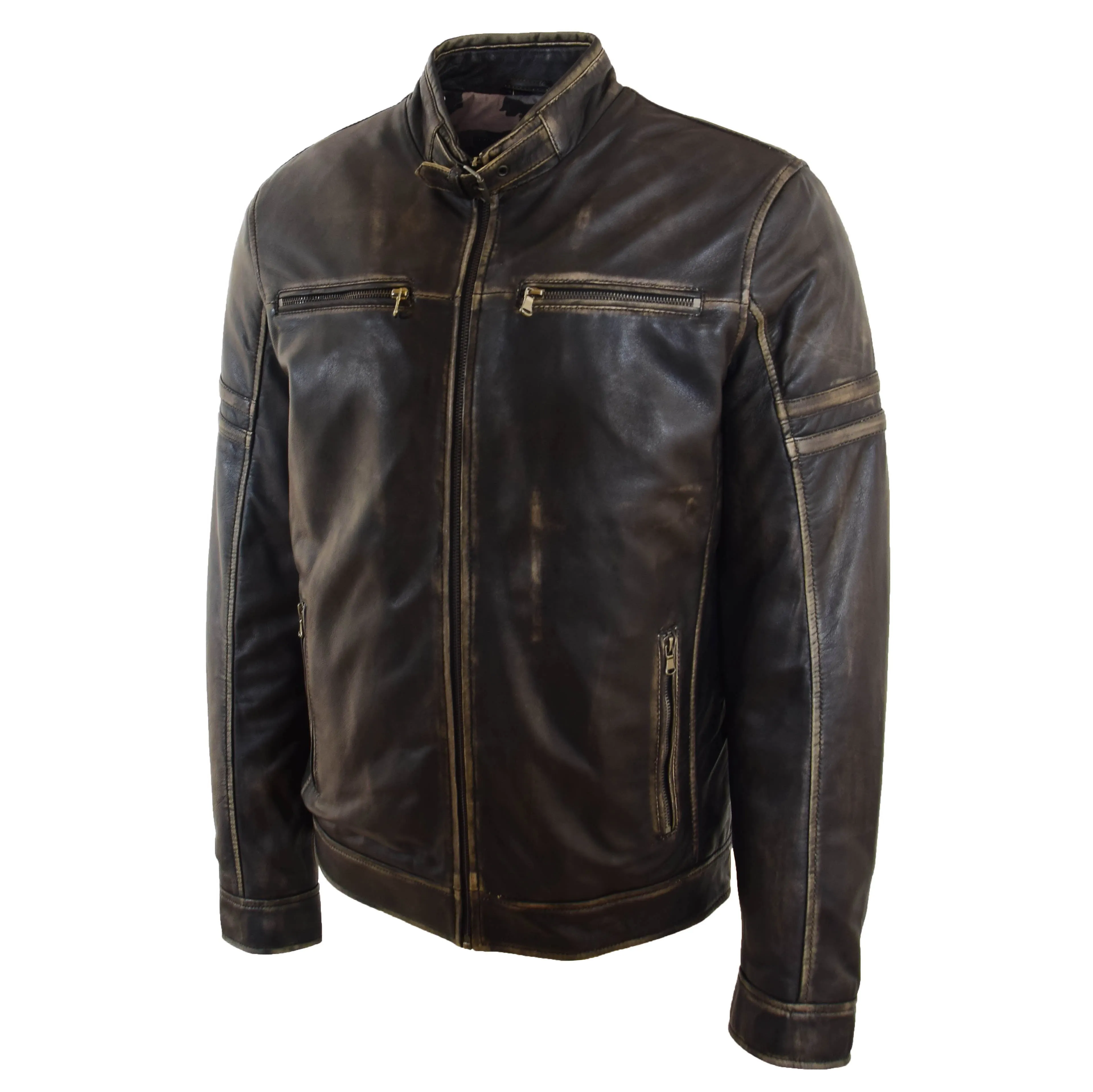 Mens Leather Biker Vintage Black Rub Off Cafe Racer AIDEN