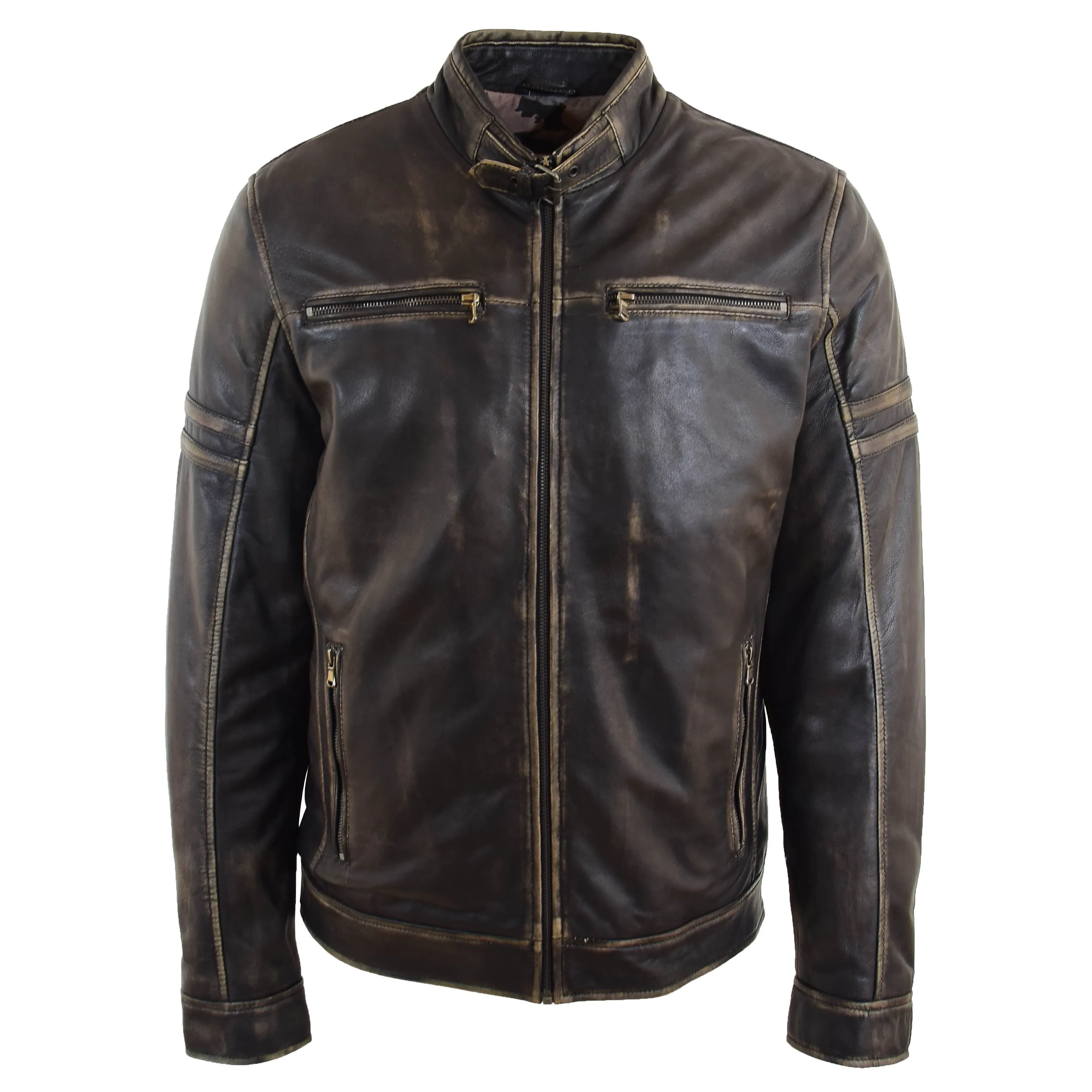 Mens Leather Biker Vintage Black Rub Off Cafe Racer AIDEN