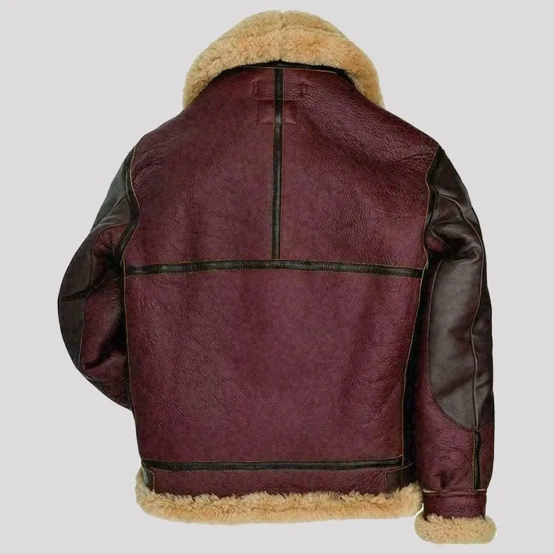 Men's Maroon RAF Flying Brown Aviator B3 Shearling Leather Jacket with Fur