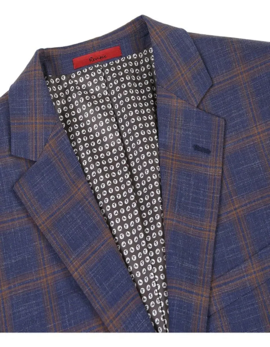 Mens Slim Fit Two Button Sport Coat Navy Blue & Gold Windowpane Plaid Blazer