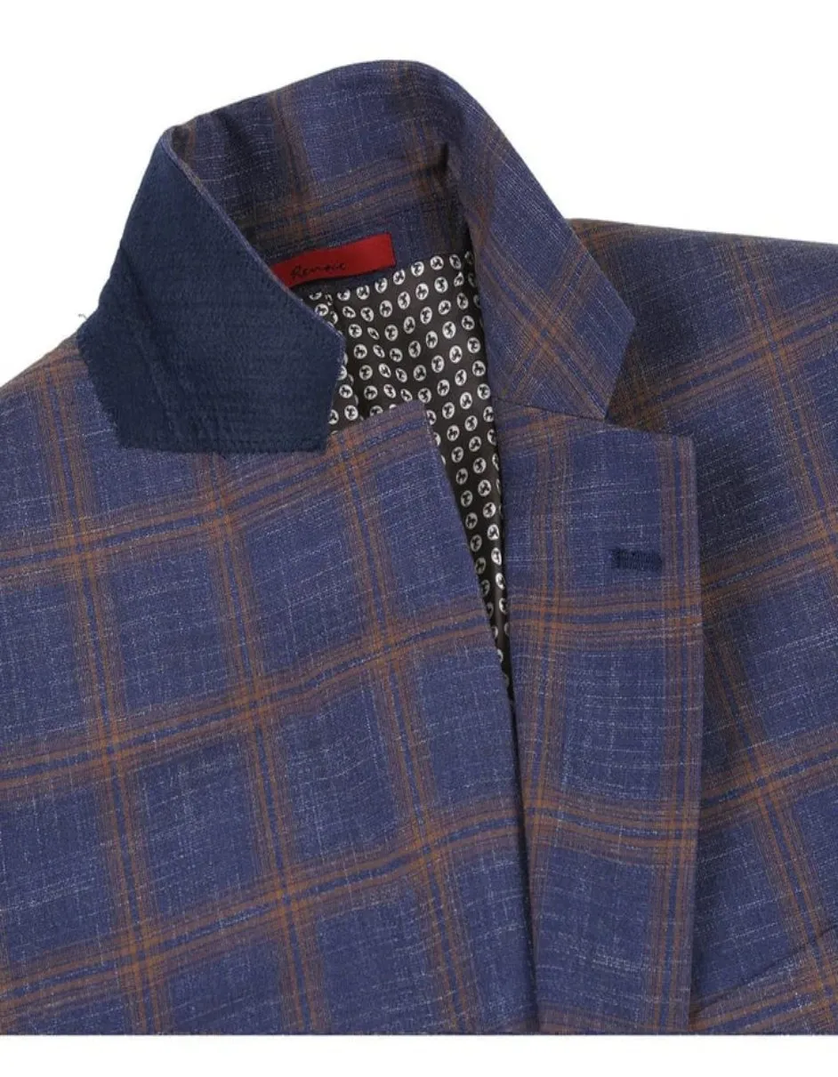 Mens Slim Fit Two Button Sport Coat Navy Blue & Gold Windowpane Plaid Blazer