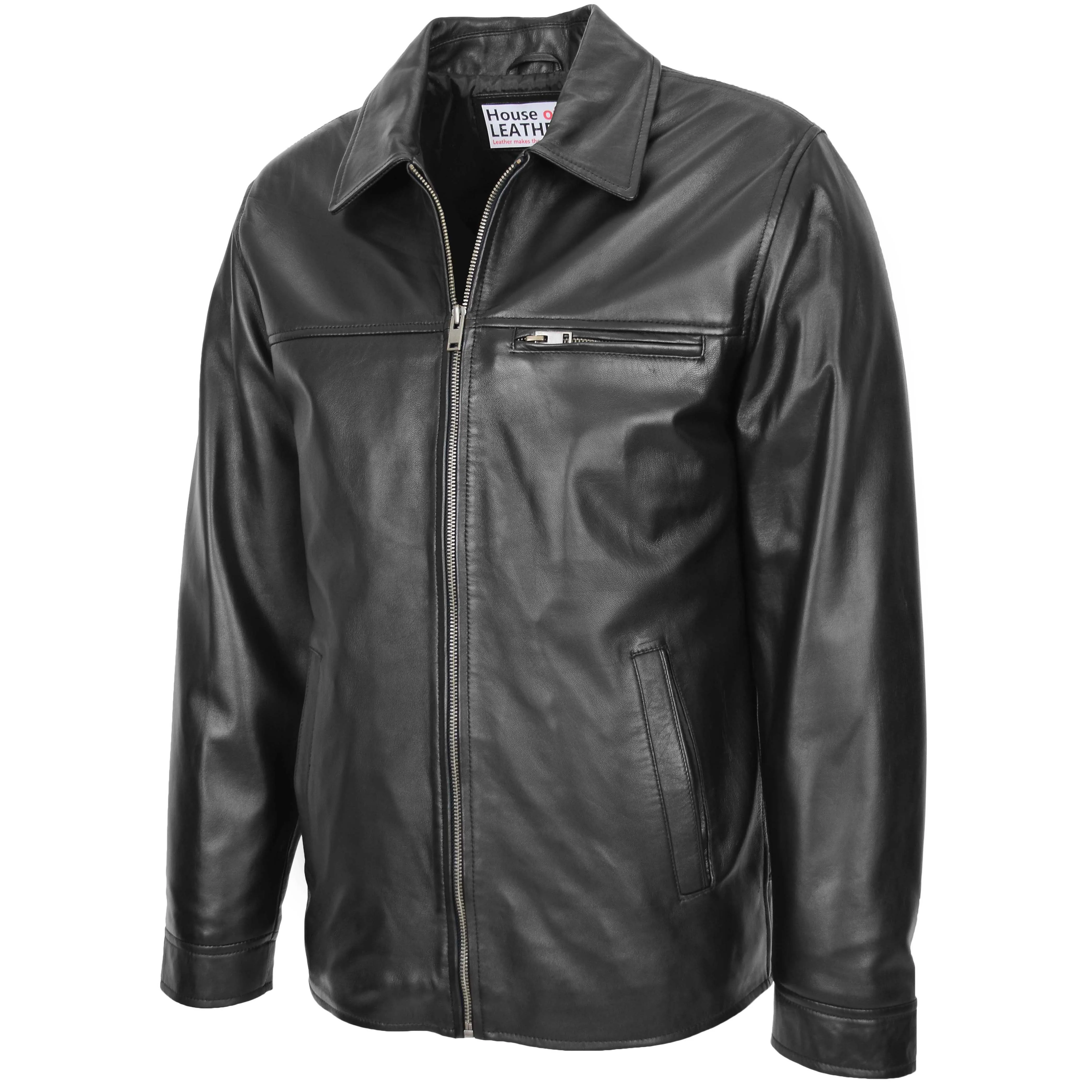 Mens Soft Leather Plain Zip Box Casual Jacket Frank Black