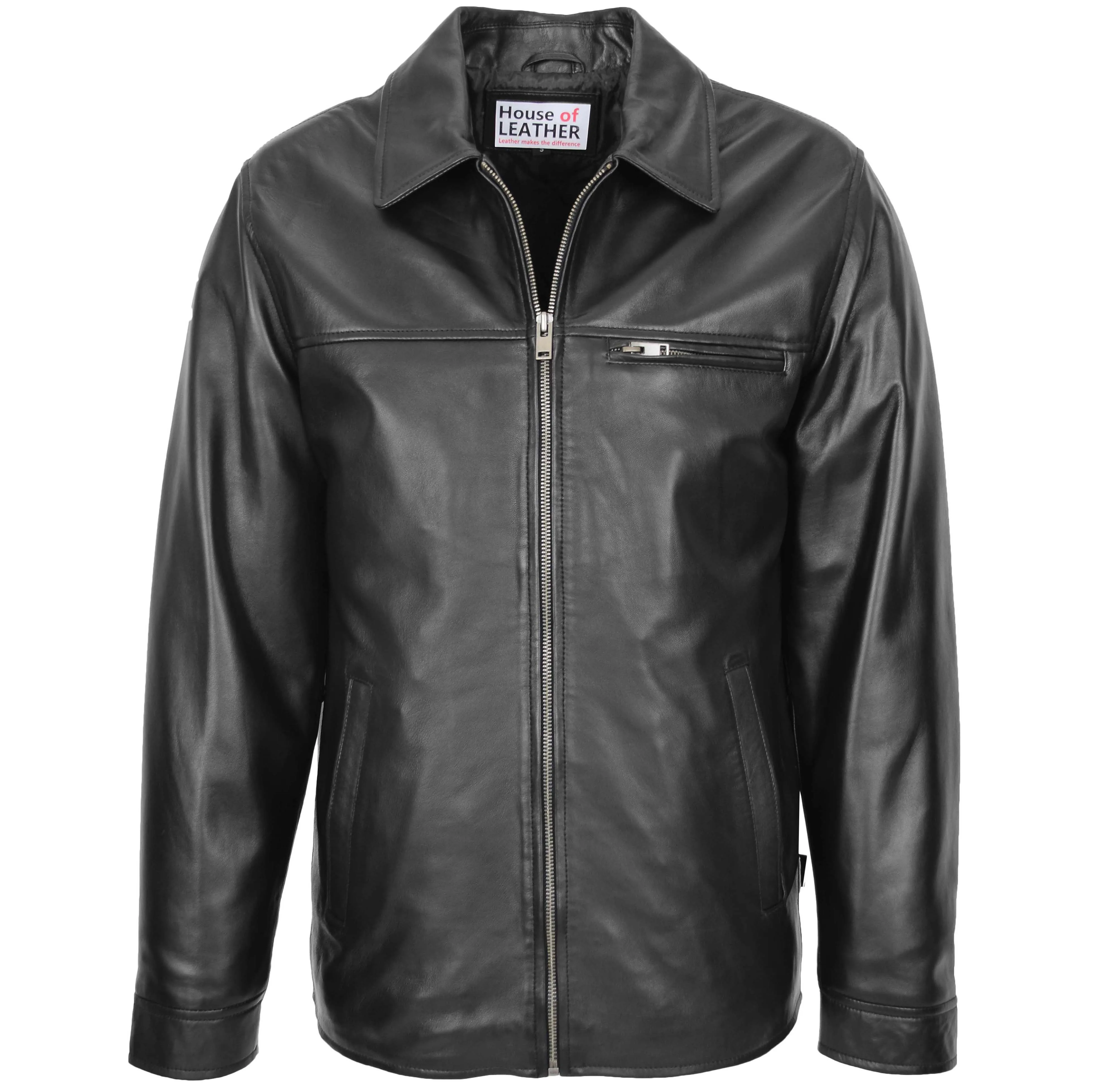 Mens Soft Leather Plain Zip Box Casual Jacket Frank Black