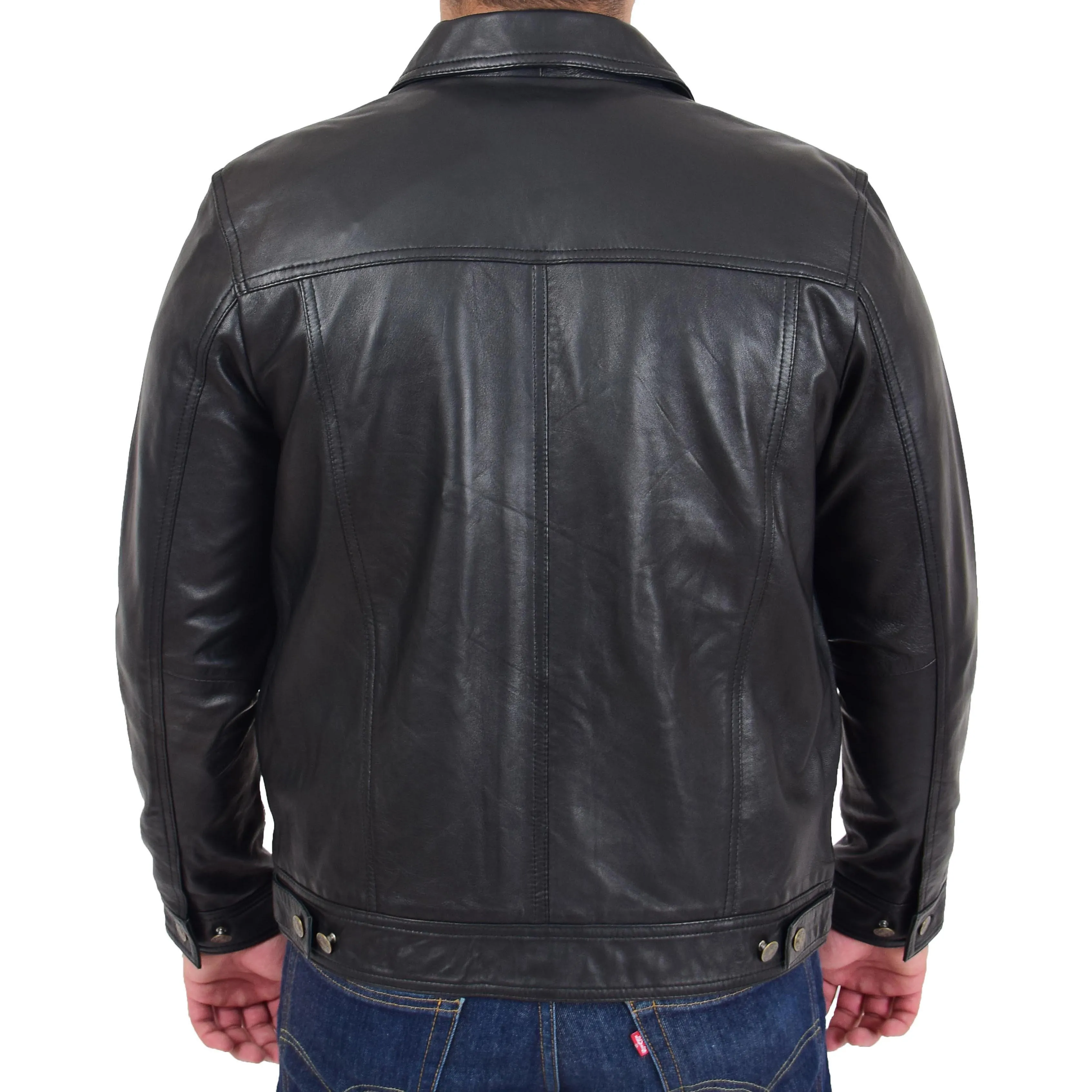 Mens Trucker Soft Leather Jacket Western Denim Style Bond Black