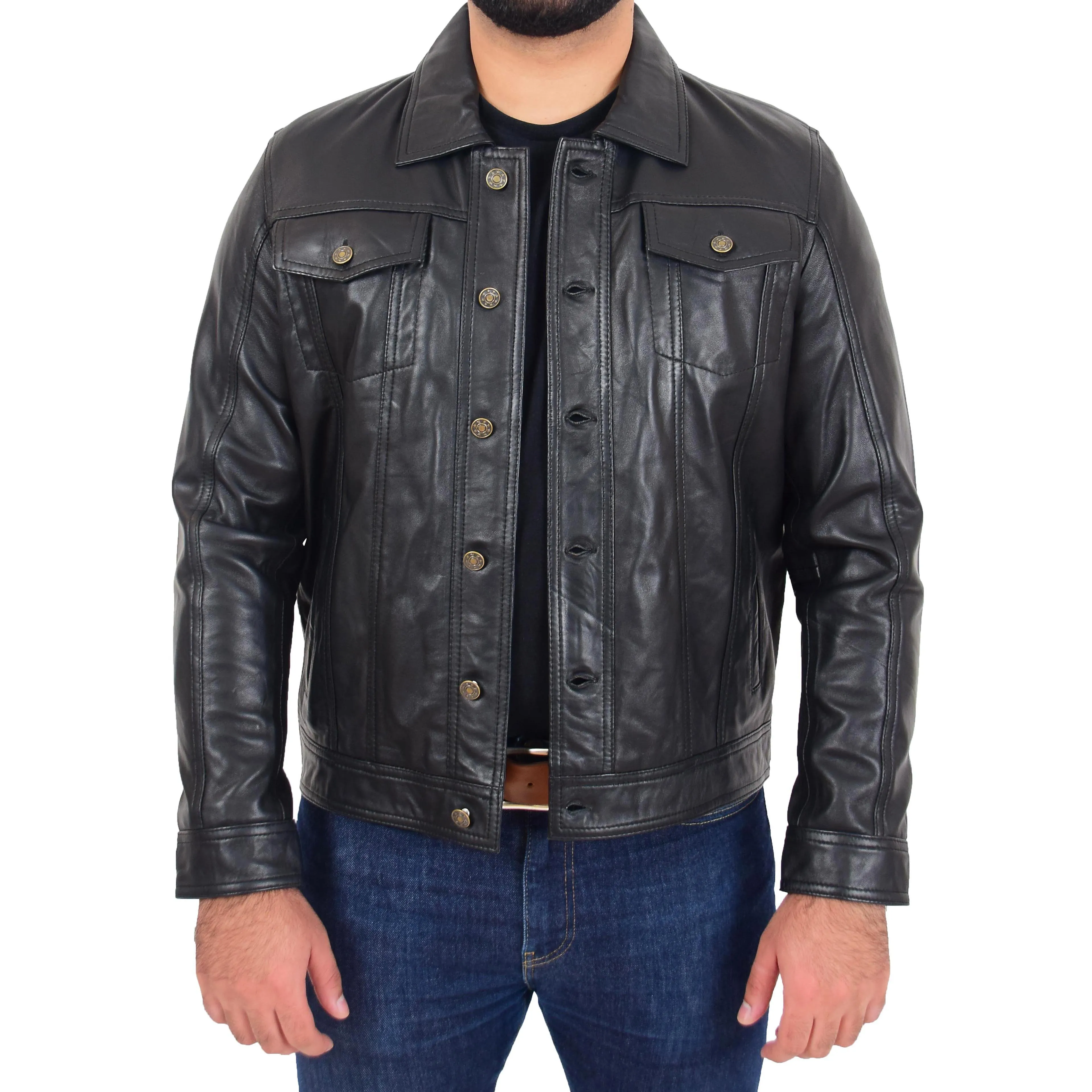 Mens Trucker Soft Leather Jacket Western Denim Style Bond Black