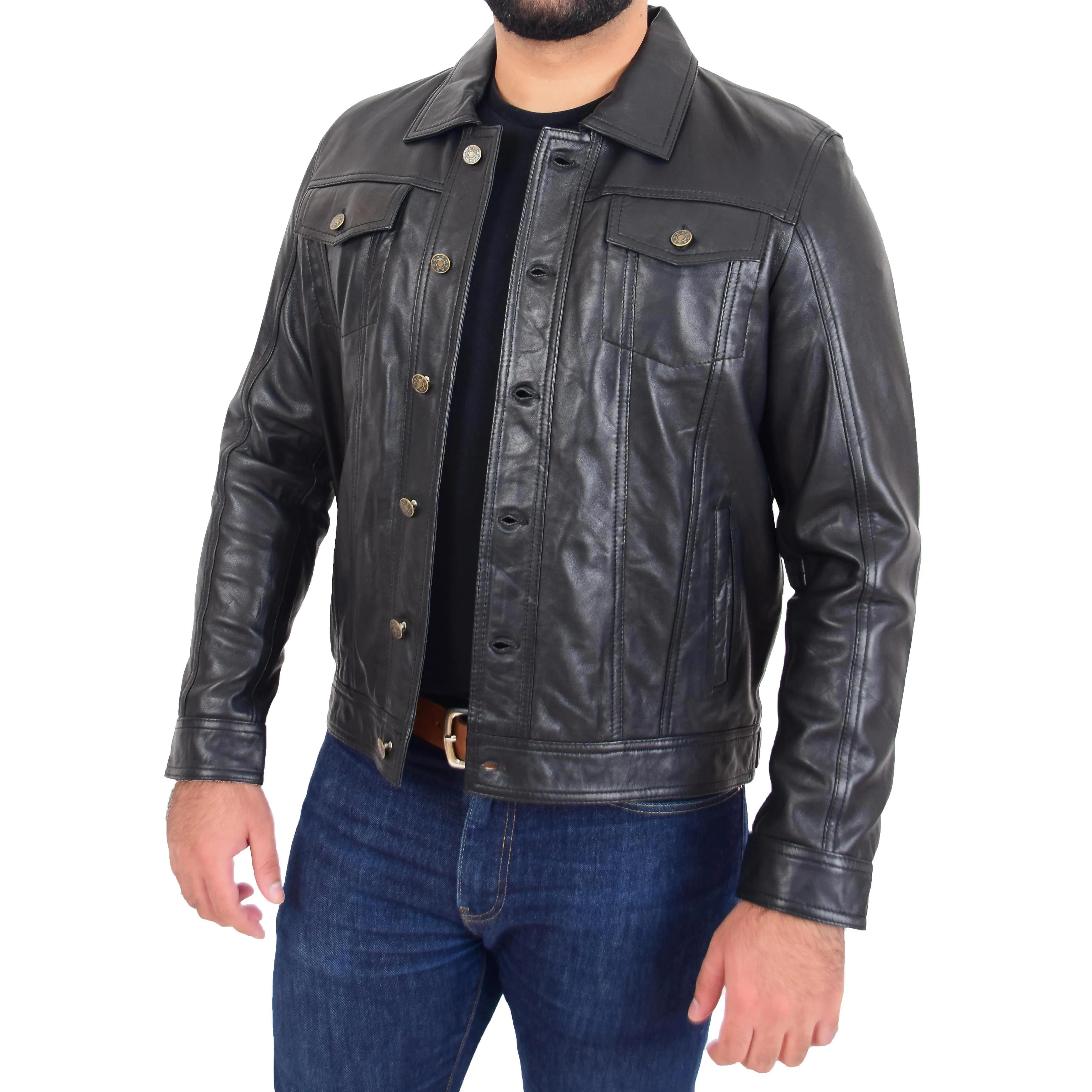 Mens Trucker Soft Leather Jacket Western Denim Style Bond Black