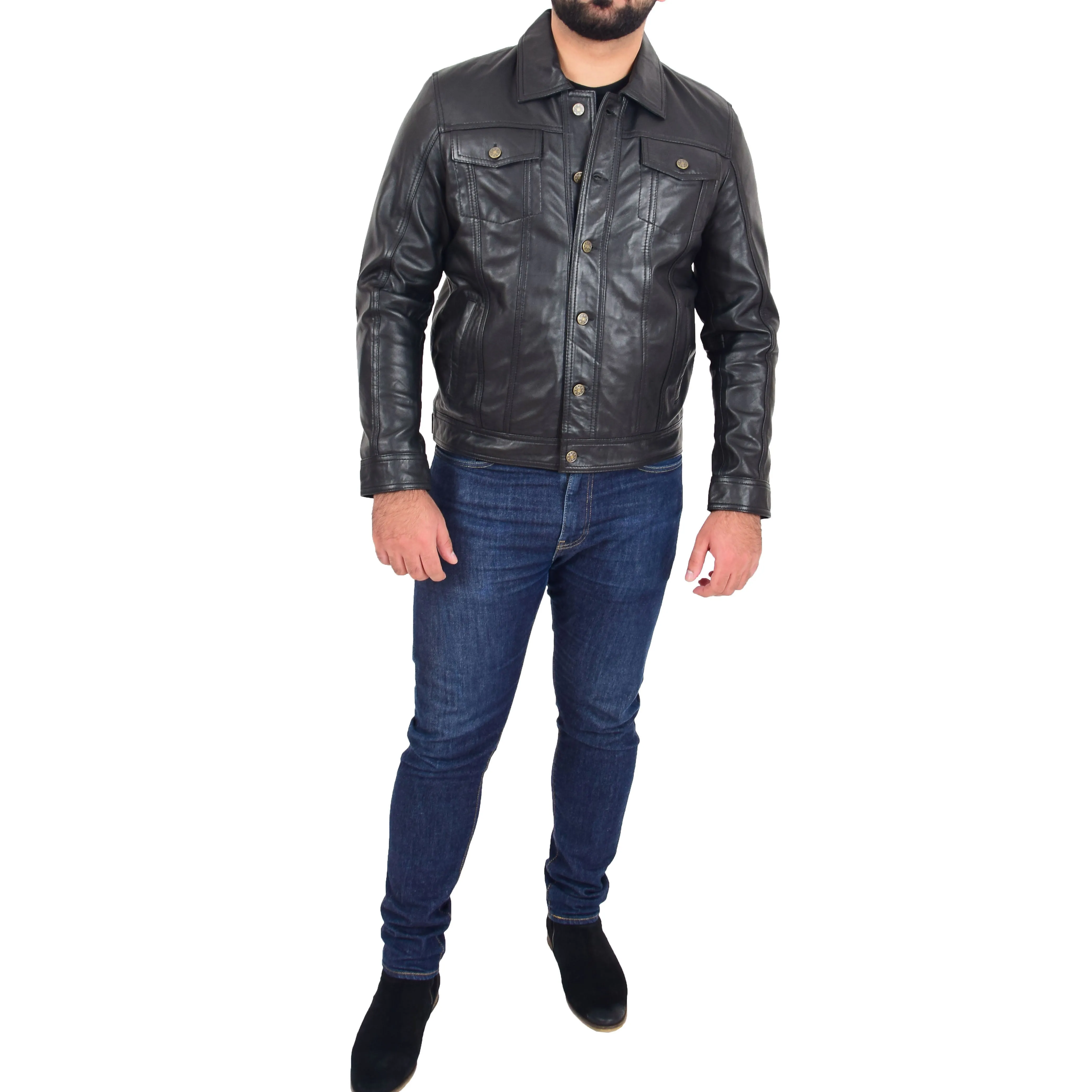 Mens Trucker Soft Leather Jacket Western Denim Style Bond Black