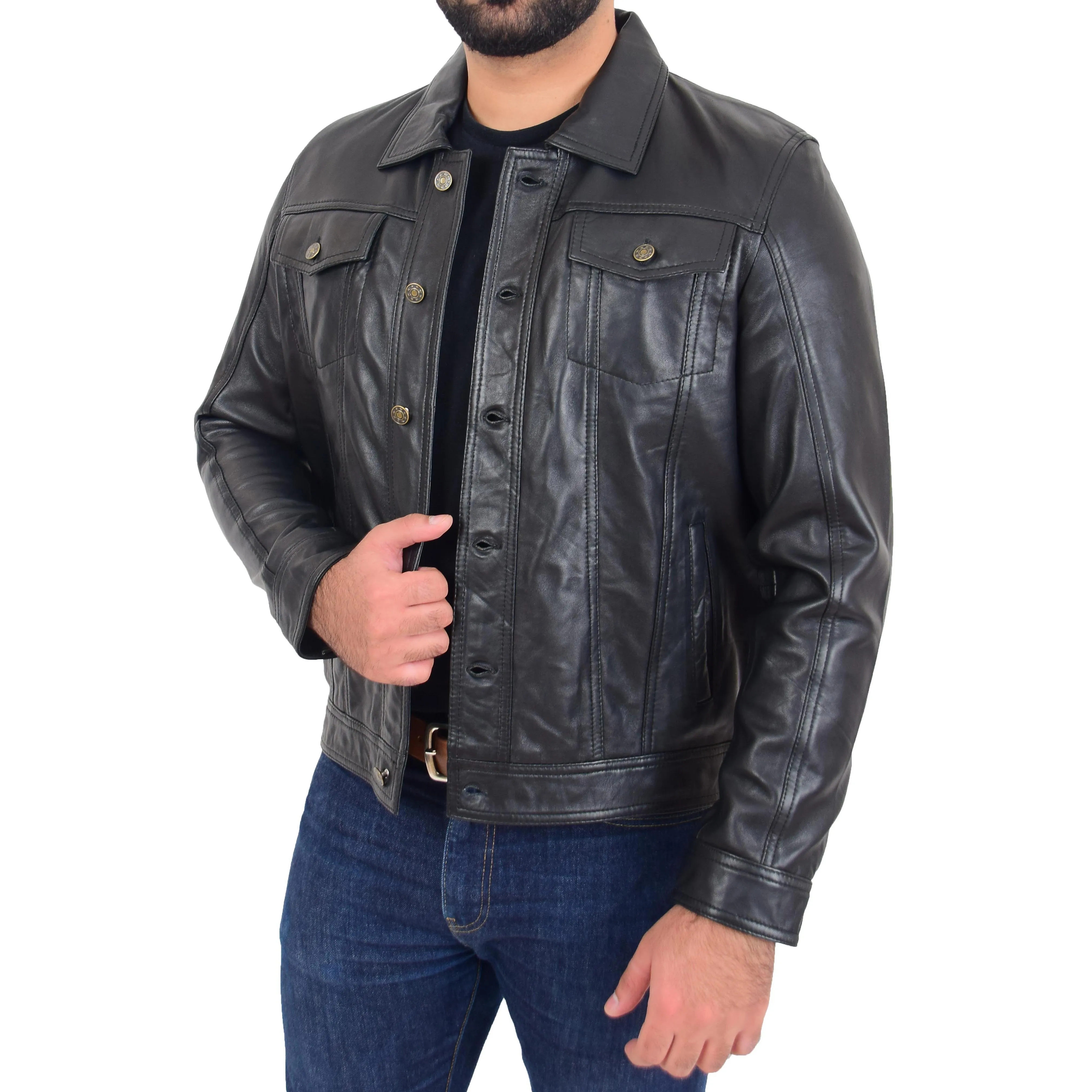 Mens Trucker Soft Leather Jacket Western Denim Style Bond Black