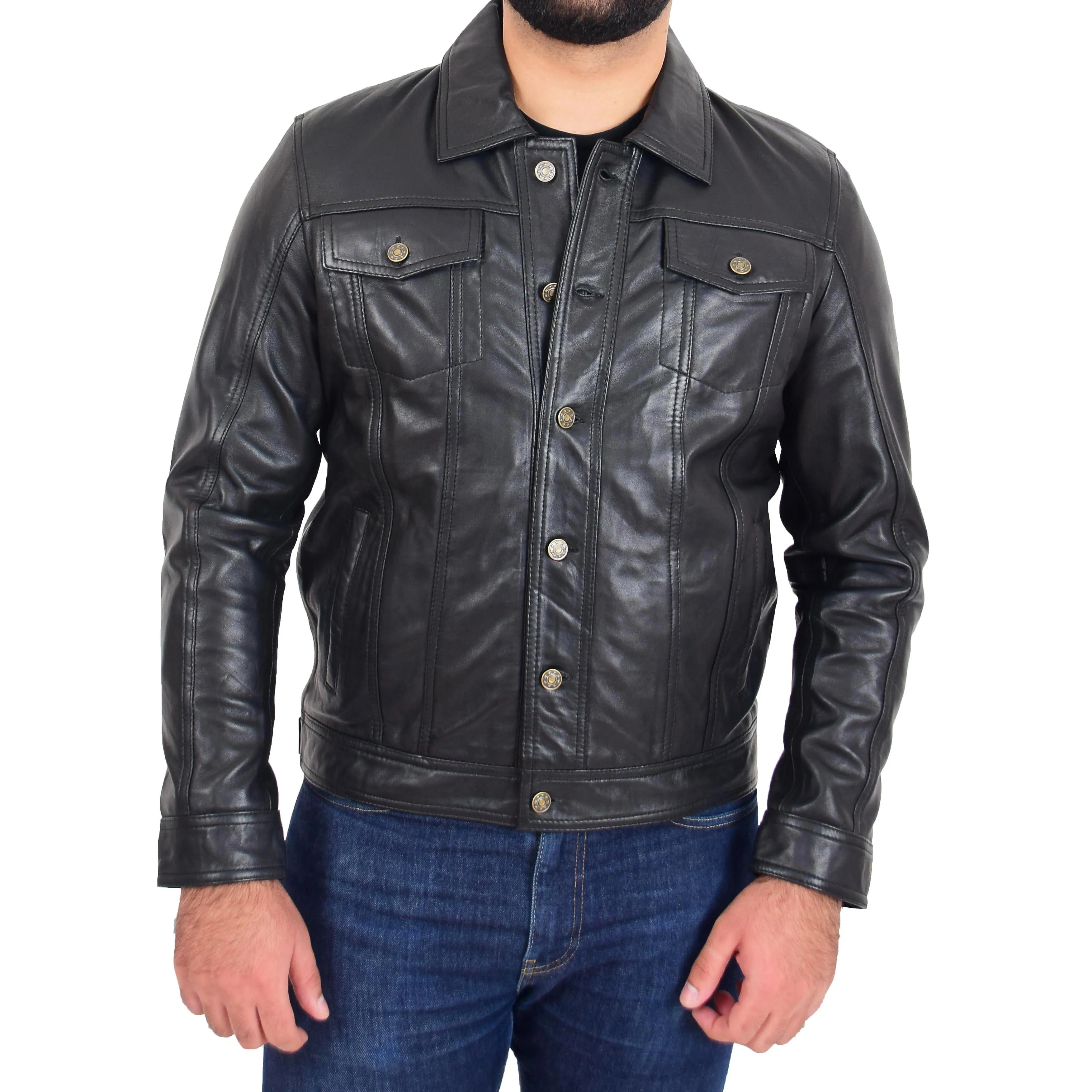 Mens Trucker Soft Leather Jacket Western Denim Style Bond Black