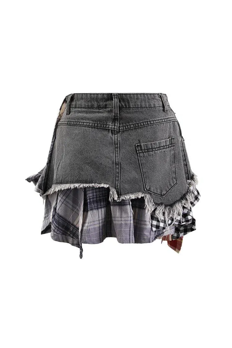 Monica – Plaid panels – Layered denim mini skirt