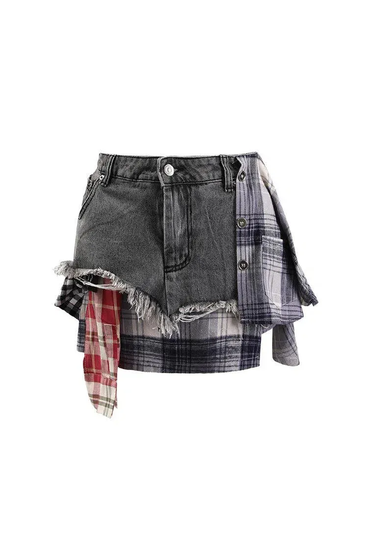 Monica – Plaid panels – Layered denim mini skirt