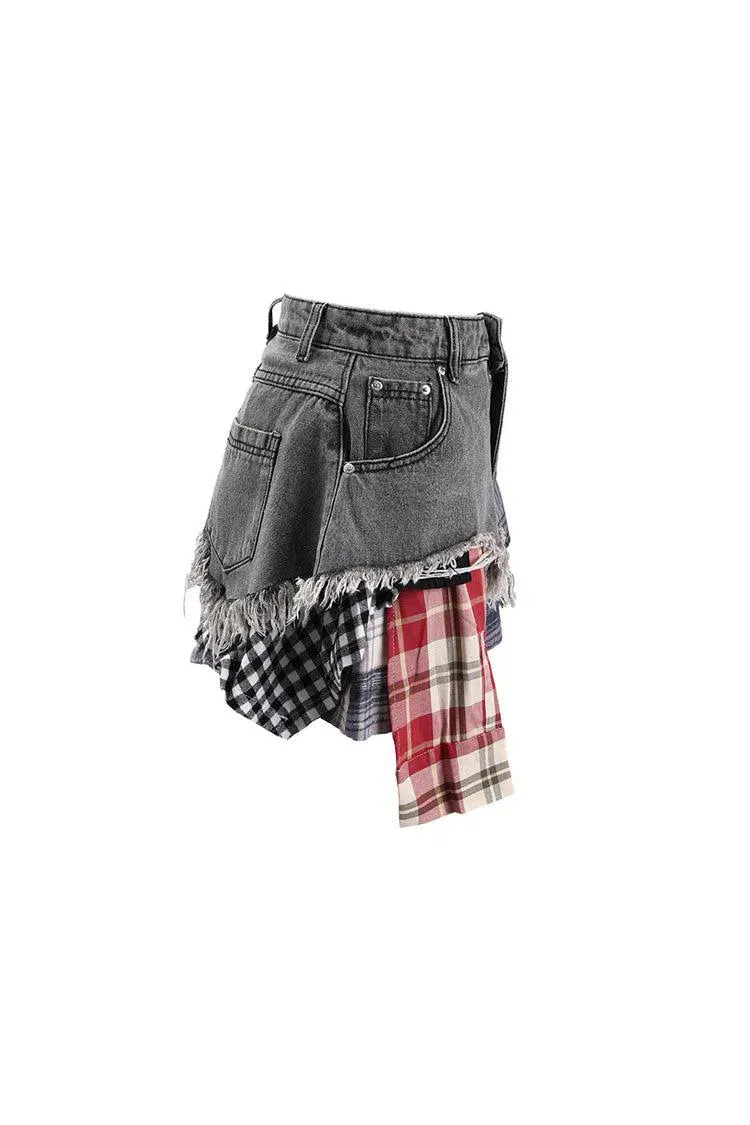 Monica – Plaid panels – Layered denim mini skirt