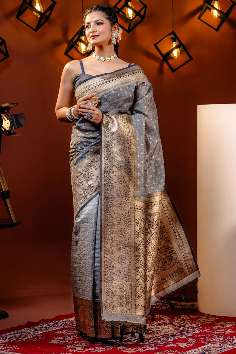 Most Flattering Grey Soft Silk Saree With Appealing Blouse Piece