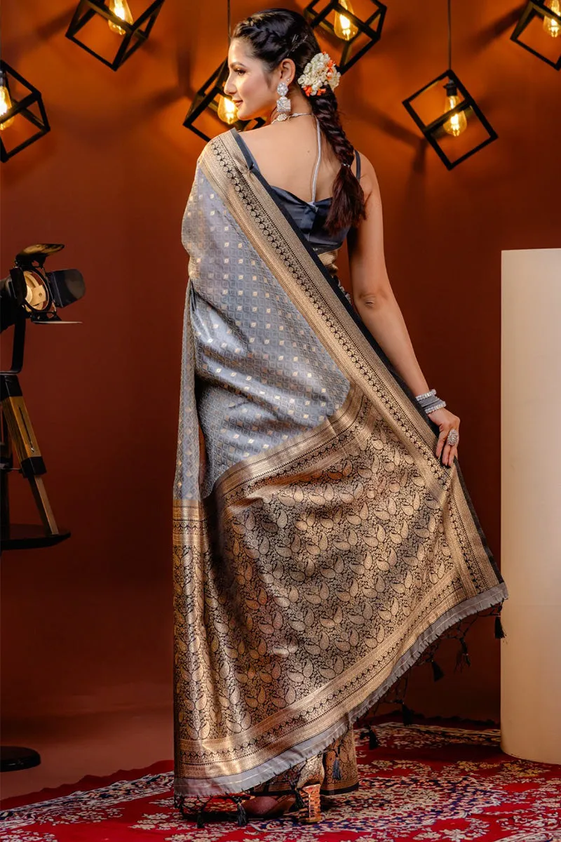 Most Flattering Grey Soft Silk Saree With Appealing Blouse Piece