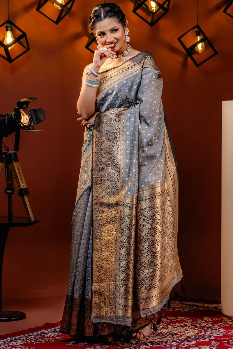 Most Flattering Grey Soft Silk Saree With Appealing Blouse Piece