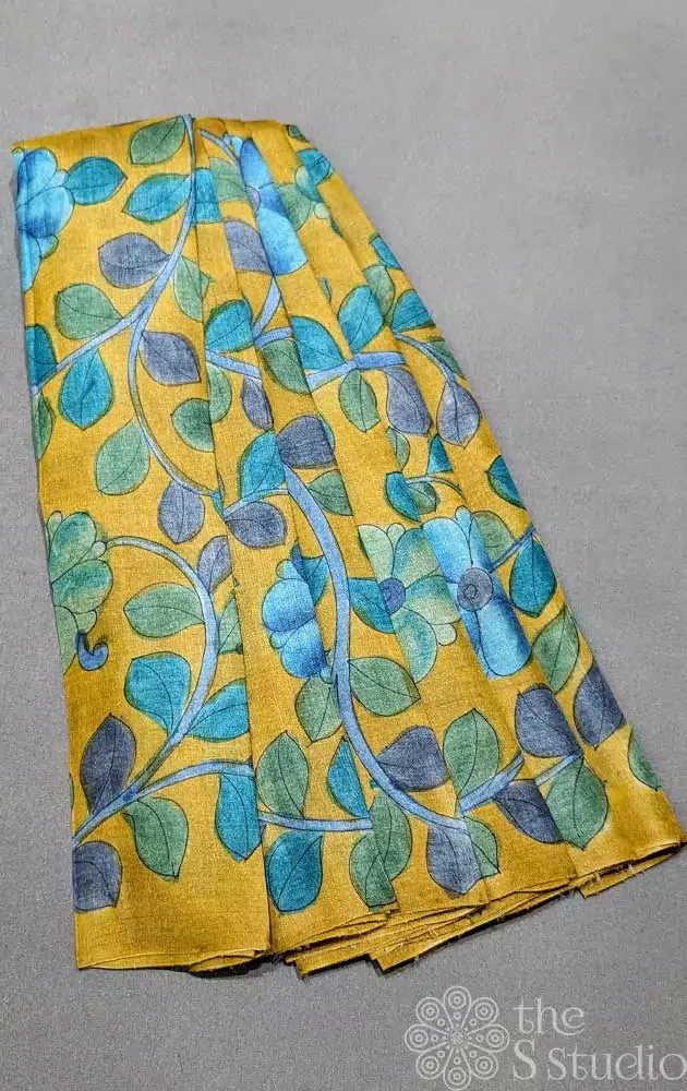 Mustard with blue handpainted kalamkari tussar material