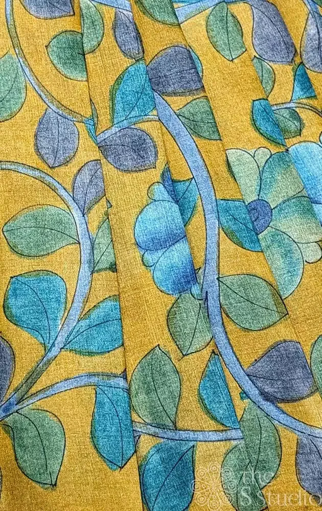 Mustard with blue handpainted kalamkari tussar material