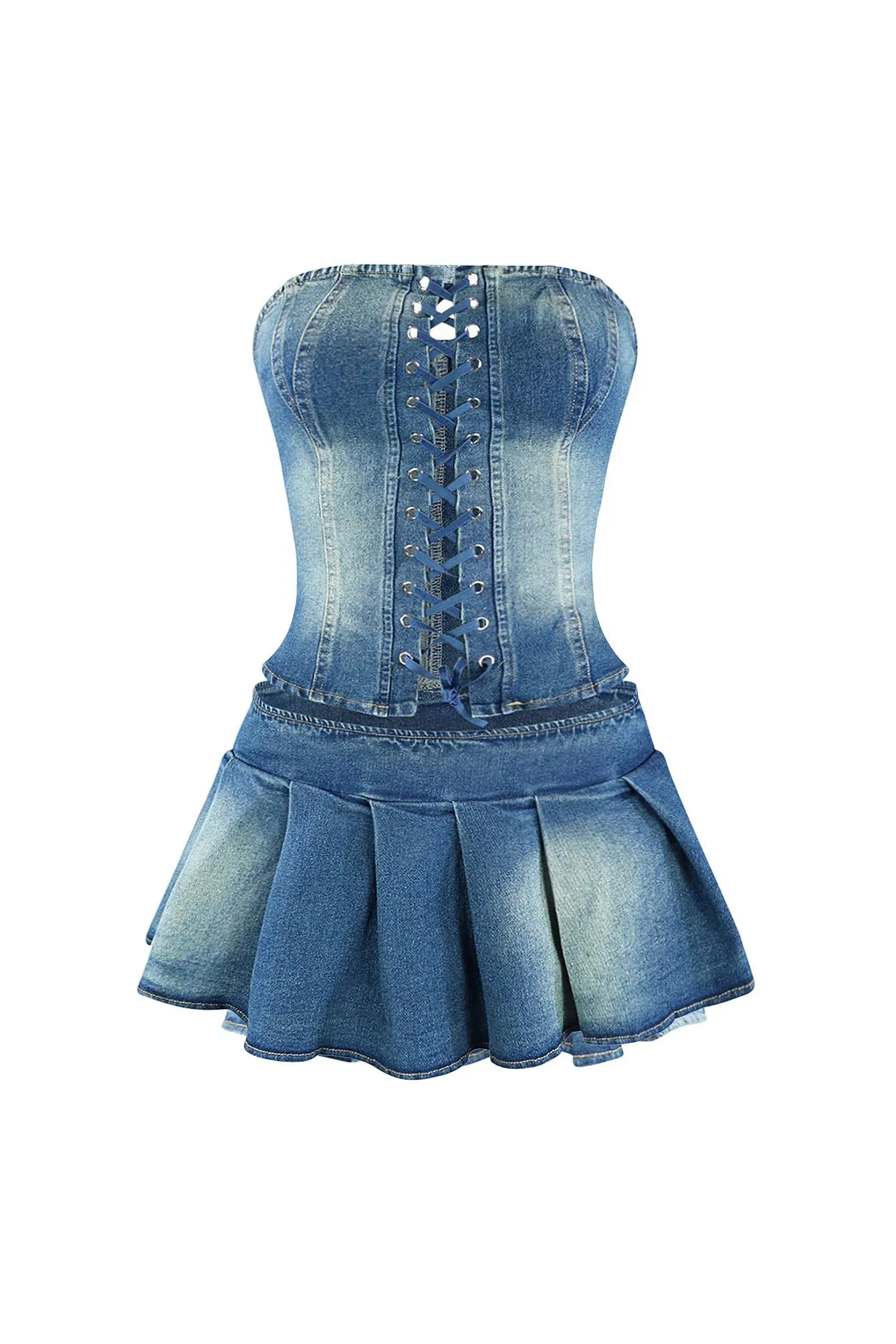 Muted Blue Denim Corset Top & Skirt SET