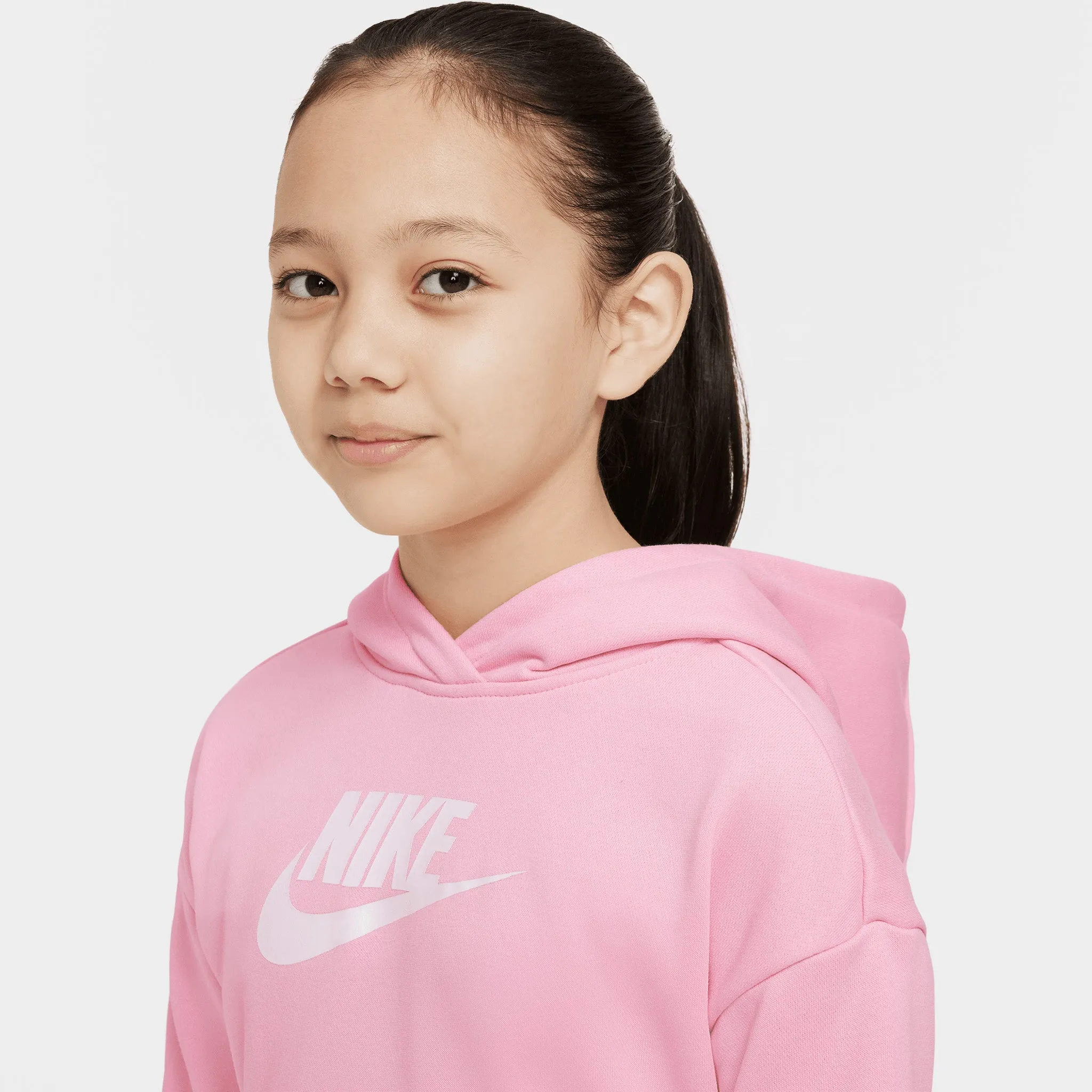 Nike Junior Girls' Sportswear Club French Terry Cropped Pullover Hoodie Medium Soft Pink / White