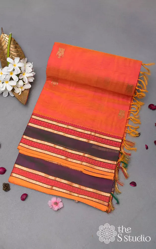 Orange silk cotton saree with contrast zari border