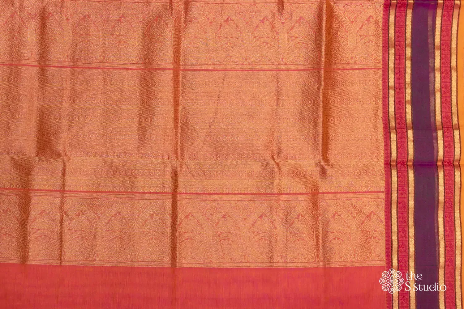 Orange silk cotton saree with contrast zari border