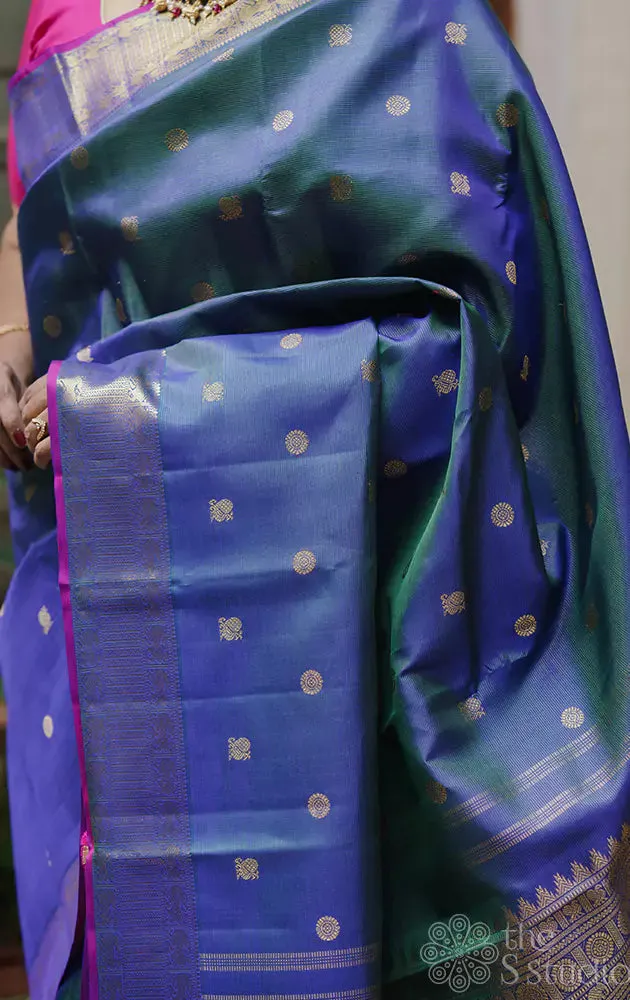 Peacock blue vairaoosi saree with mayil chakaram buttas