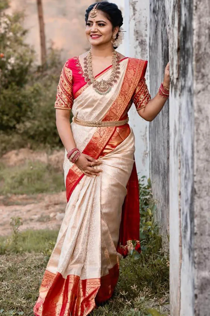 Petrichor Off White Soft Silk Saree With Profuse Blouse Piece