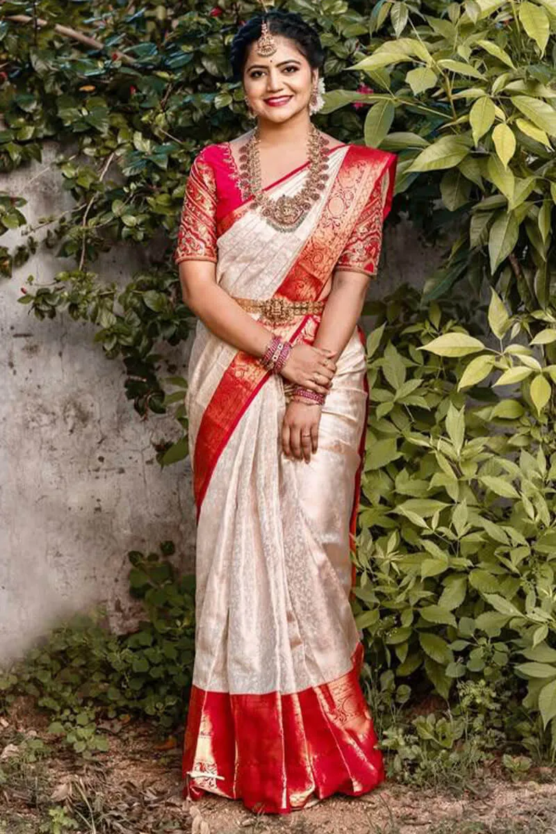 Petrichor Off White Soft Silk Saree With Profuse Blouse Piece