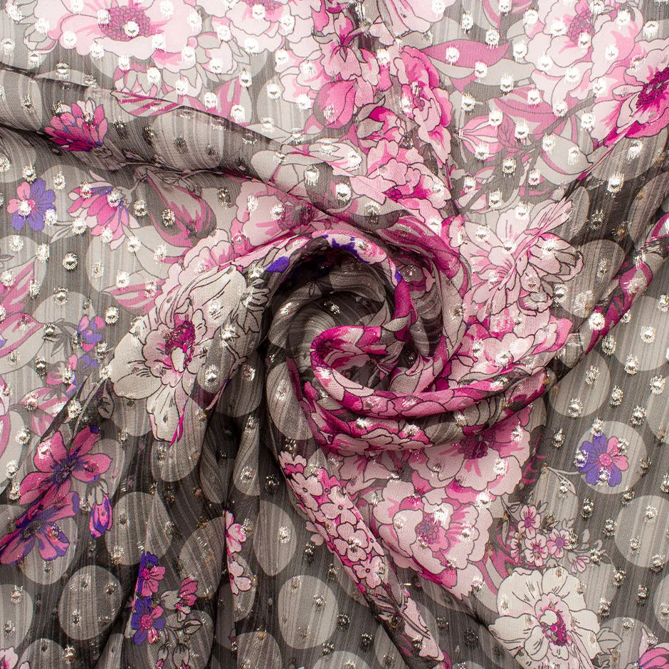 Pink Floral Grey Silver Metallic Jacquard