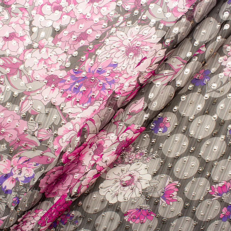 Pink Floral Grey Silver Metallic Jacquard