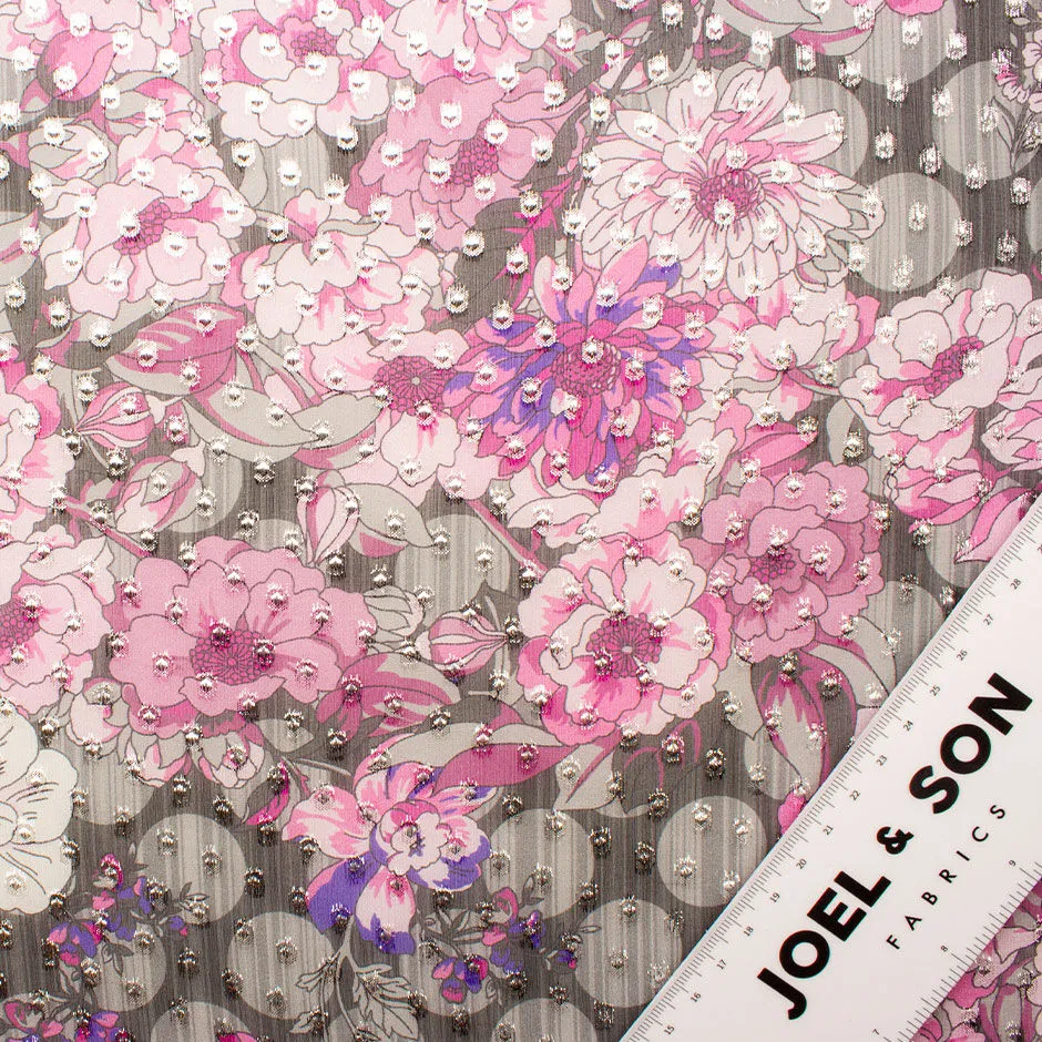 Pink Floral Grey Silver Metallic Jacquard