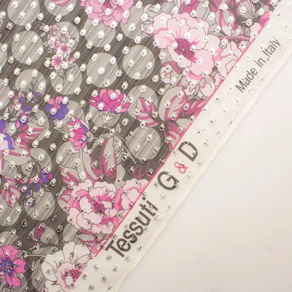 Pink Floral Grey Silver Metallic Jacquard