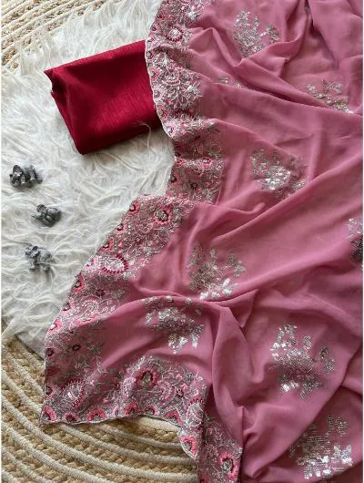 Pink Georgette Silk Sequence & Thread Work Saree