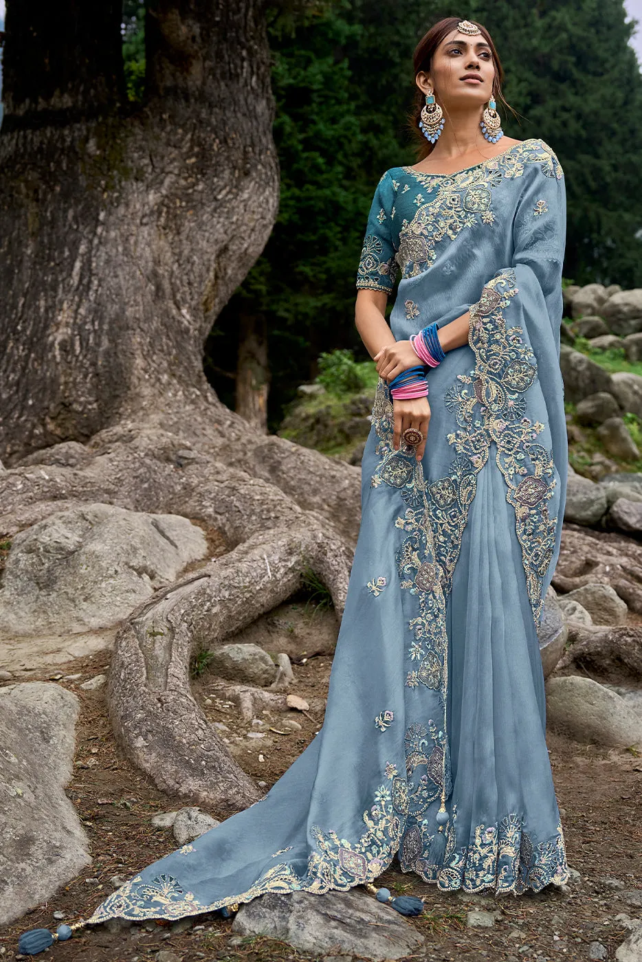 Powder Blue Organza Silk Saree with Intricate Embroidery work