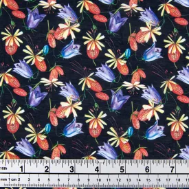 Printed Cotton Voile Fabric, Navy Blue Red Buds - Width 140cm