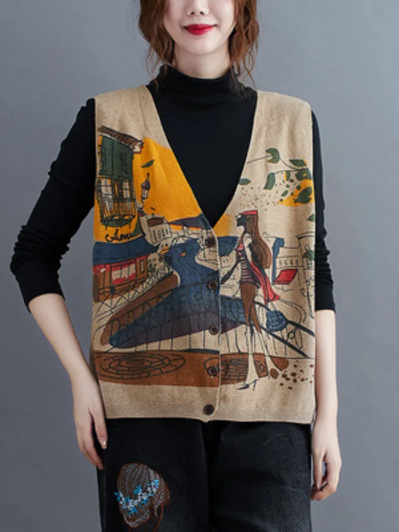 Printing Sleeveless knitted Vest Sweater Cardigan Jacket