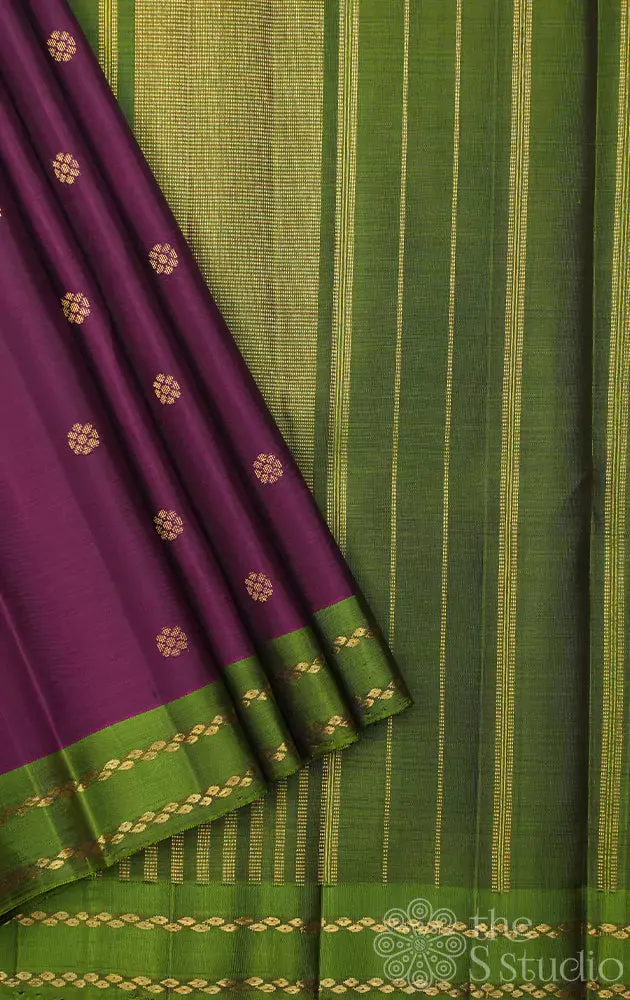 Purple kanchipuram silk saree with kamalam butta and contrast border and pallu