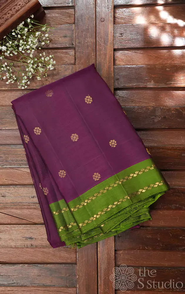 Purple kanchipuram silk saree with kamalam butta and contrast border and pallu