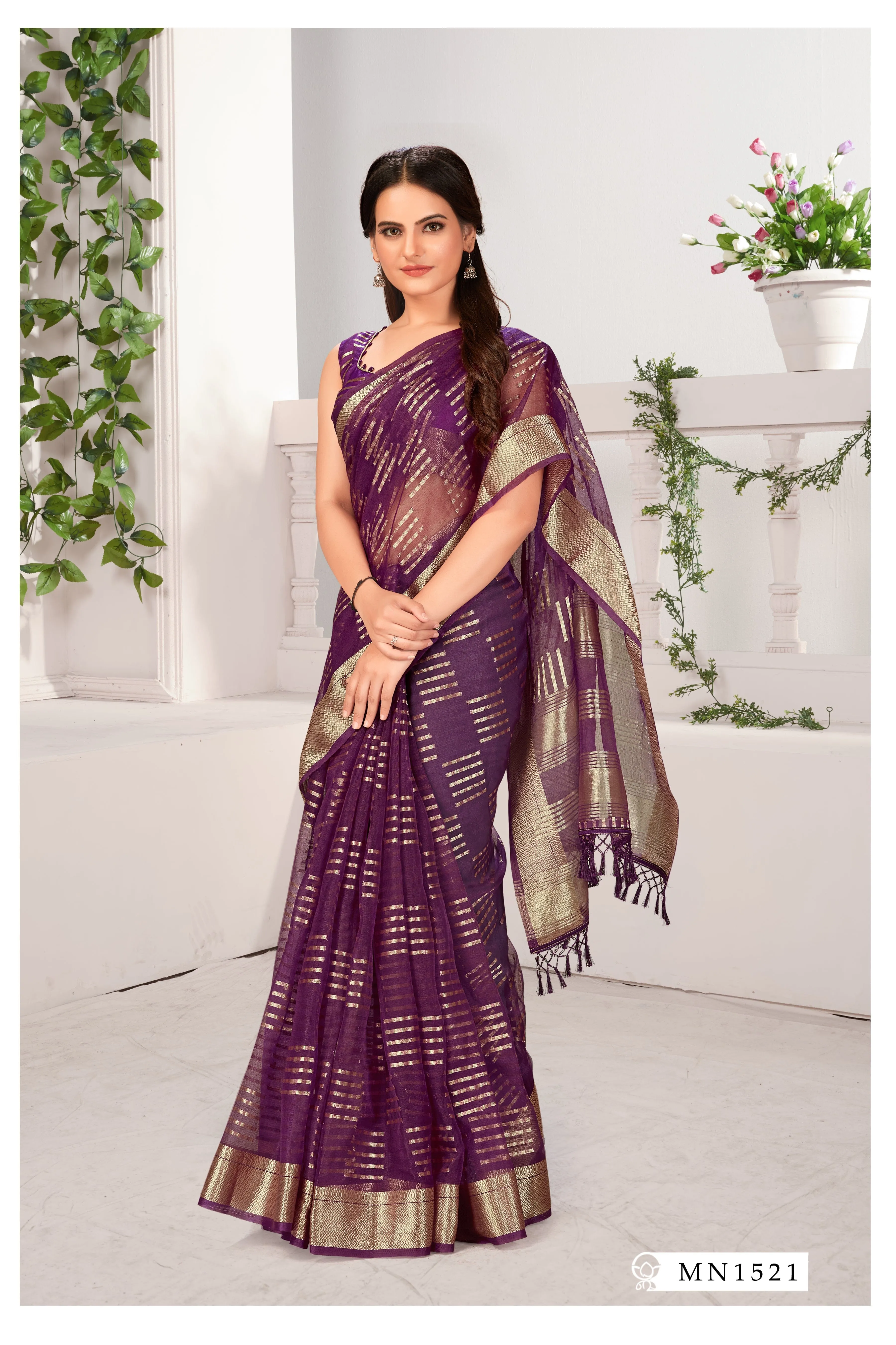 Purple Silk Saree Gold Border Purple Blouse for Wedding saree