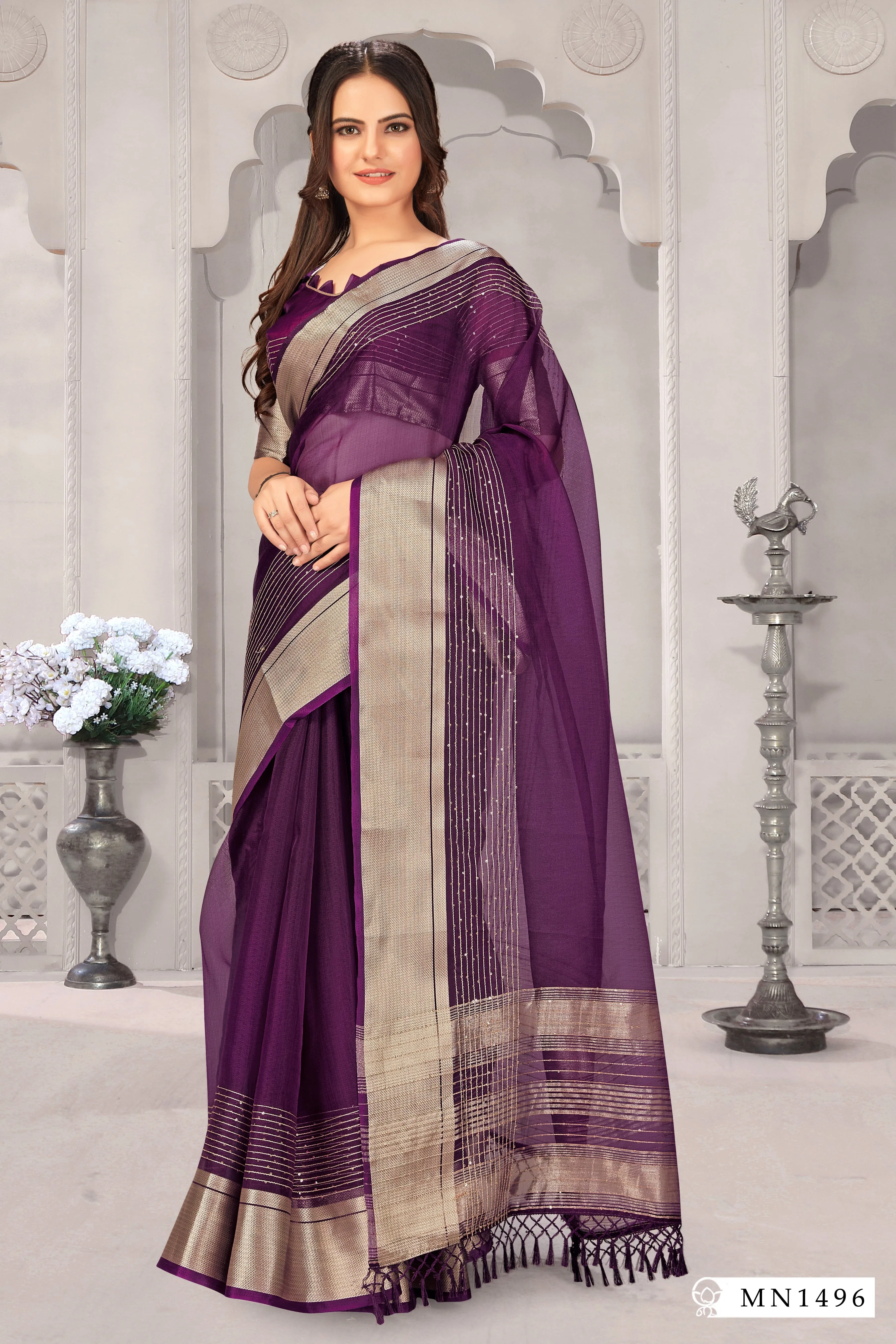 Purple Silk Silver Zari Broder Saree With Purple Blouse