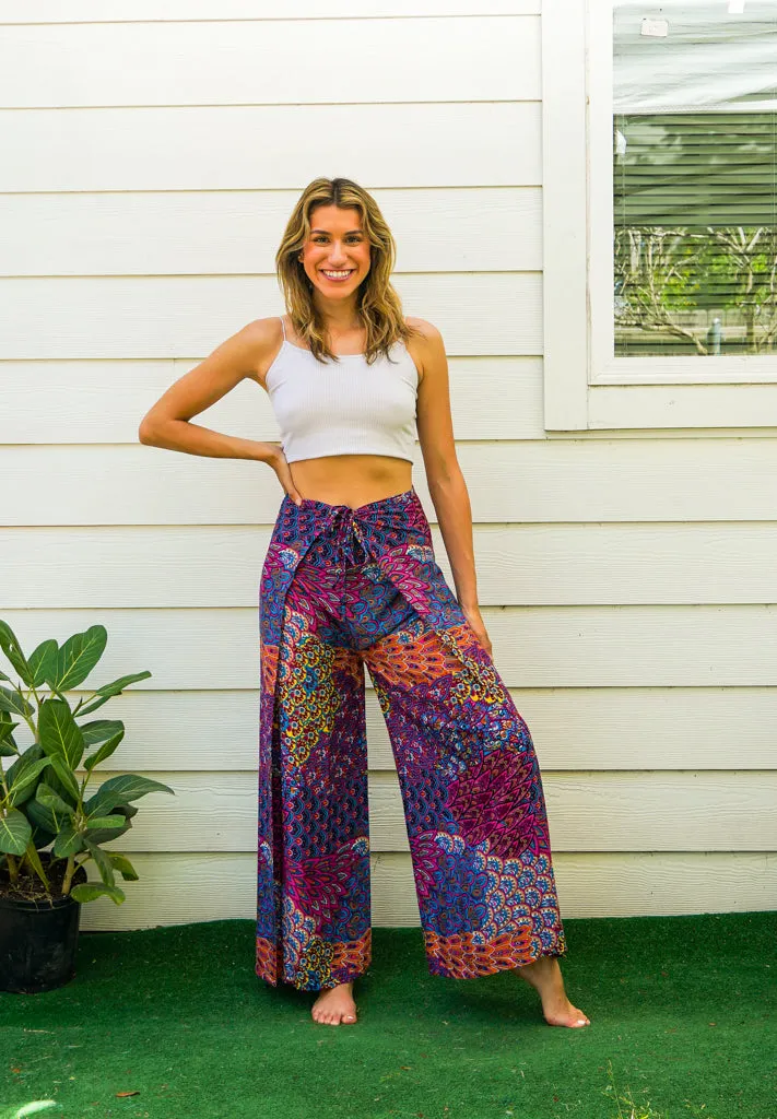 Purple Wild Peacock Palazzo Wrap Pants