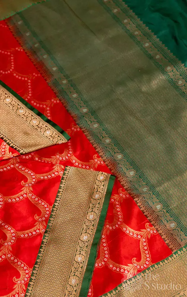 Red banarasi silk saree with green antique zari border